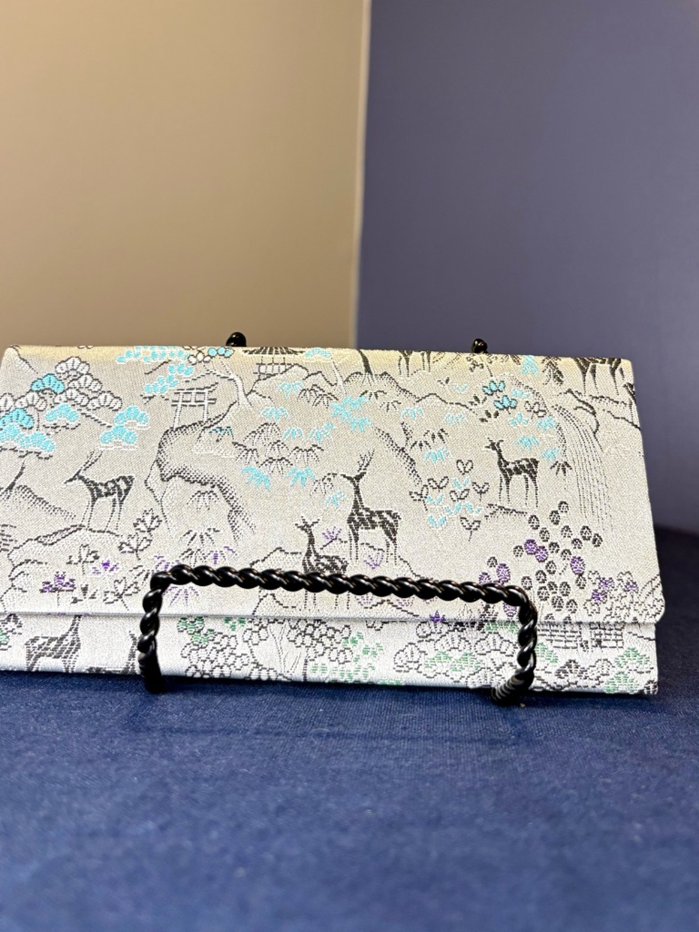 White Printed Evening Clutch with Black Chain Handle